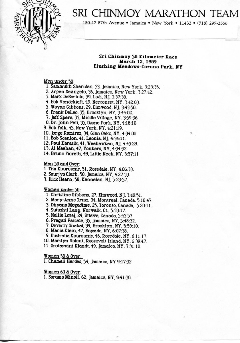 The Sri Chinmoy Marathon Team History 1989; the  50 Km/50 Mile Race