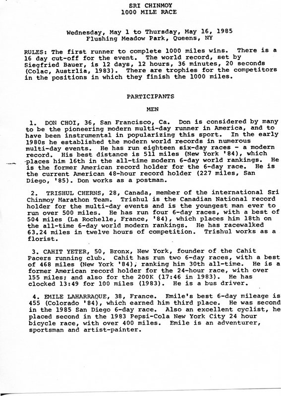 The Sri Chinmoy 1,000 Mile Race, 1985: Bios of Runners