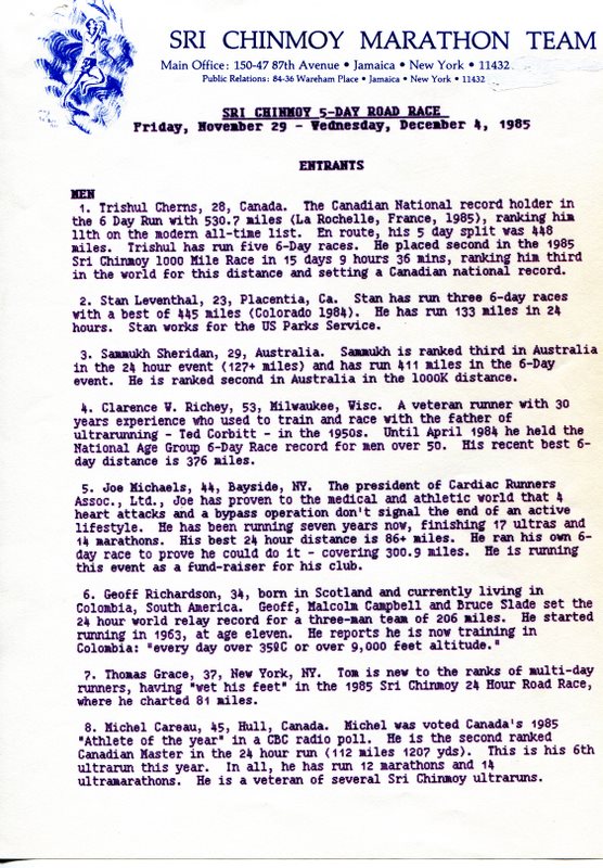 The Sri Chinmoy 5 Day Road Race 1985: Entrant List