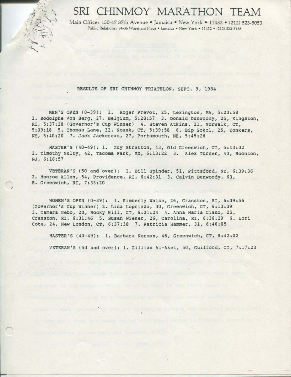 Results of Sri Chinmoy Triathlon, September 9, 1984